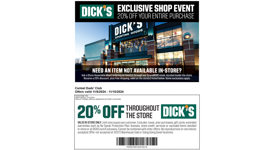 20% Off at Dick's Sporting Goods Nov. 8th-10th